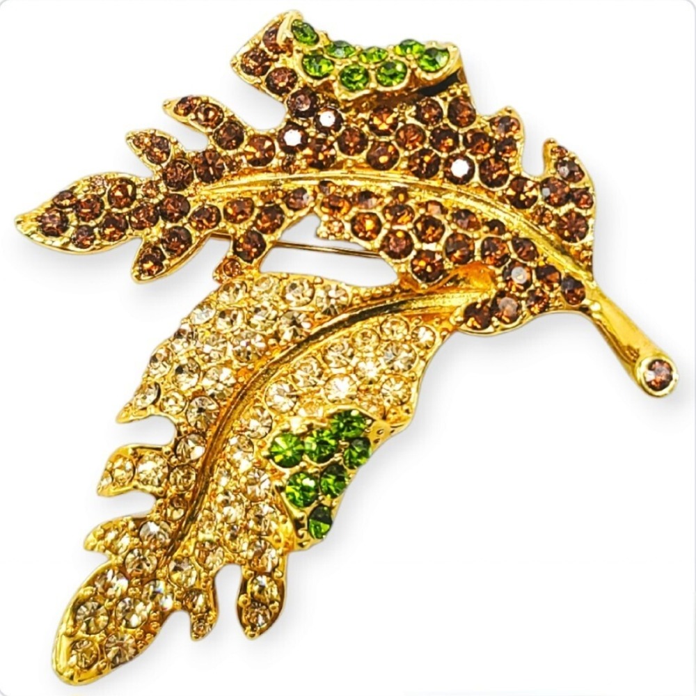 Vintage Kenneth Jay Lane KJL Rhinestone Leaf Brooch Gold Tone Fall Autumn Pin